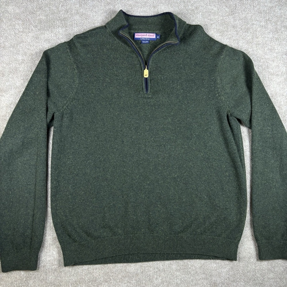 Vineyard Vines 1/4 Zip Sweater Mens Medium Green Cotton Cashmere Pullover